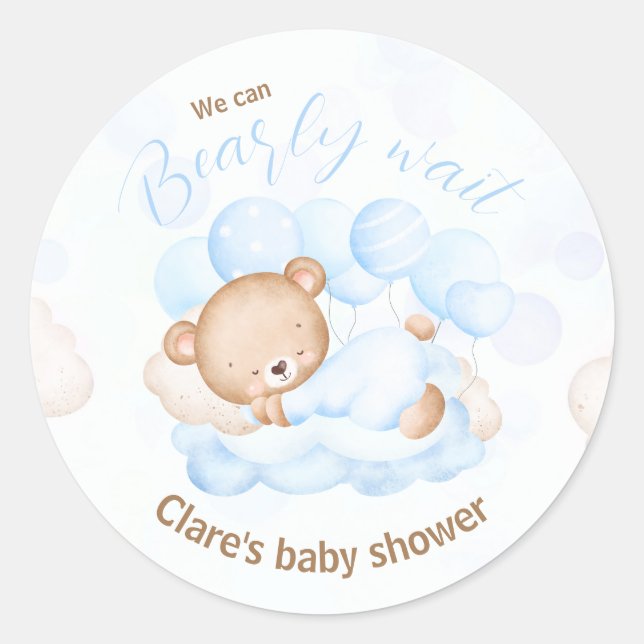 Blue We Can Bearly Wait Baby Shower Stickers (Front)