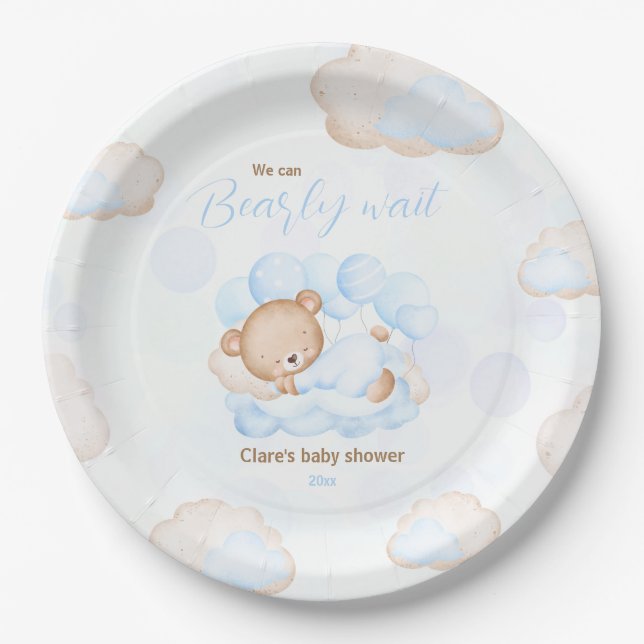 Blue We Can Bearly Wait Bear Baby Shower Paper Plate (Front)