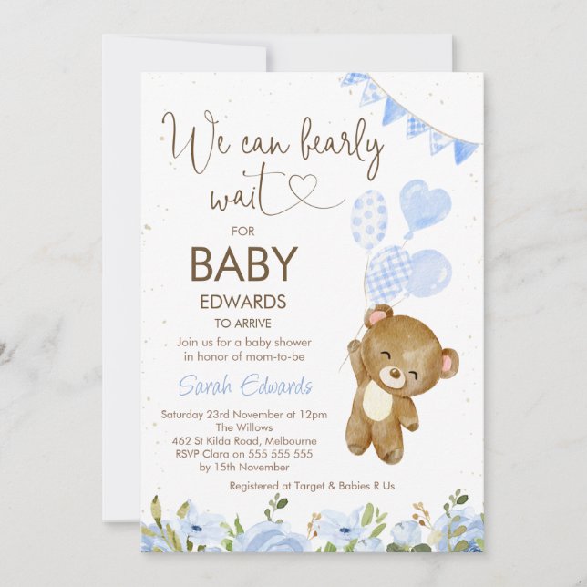 Blue We Can Bearly Wait Bear Balloons Baby Shower Invitation (Front)