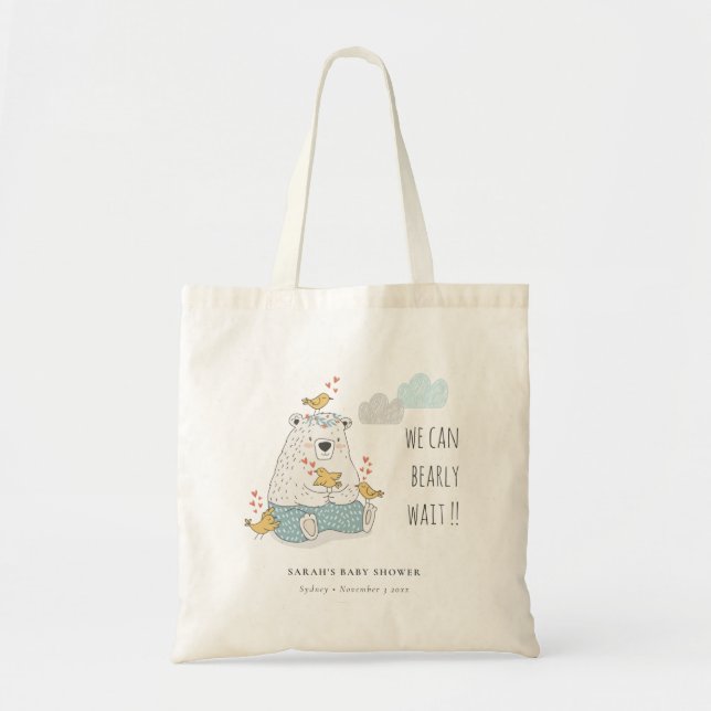 Blue We Can Bearly Wait Bear Birds Baby Shower Tote Bag (Front)