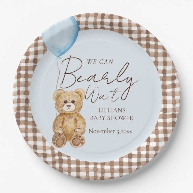Blue We Can Bearly Wait Boy Baby Shower Paper Plate (Front)