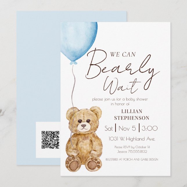 Blue We Can Bearly Wait Boy Baby Shower QR Code Invitation (Front/Back)