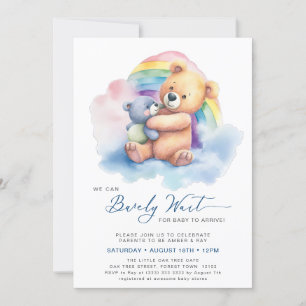 Blue We Can Bearly Wait Cute Boy Baby Shower Invitation