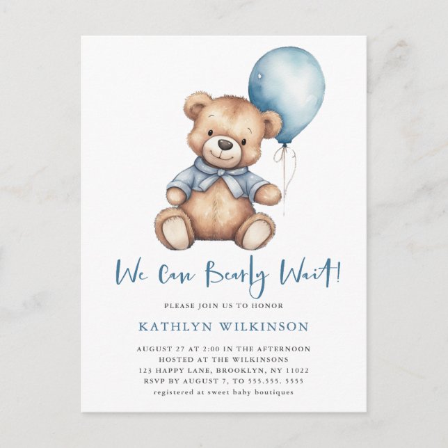 Blue We Can Bearly Wait Cute Boy Baby Shower Invitation Postcard (Front)