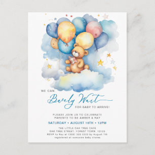 Blue We Can Bearly Wait Cute Boy Baby Shower Invitation Postcard