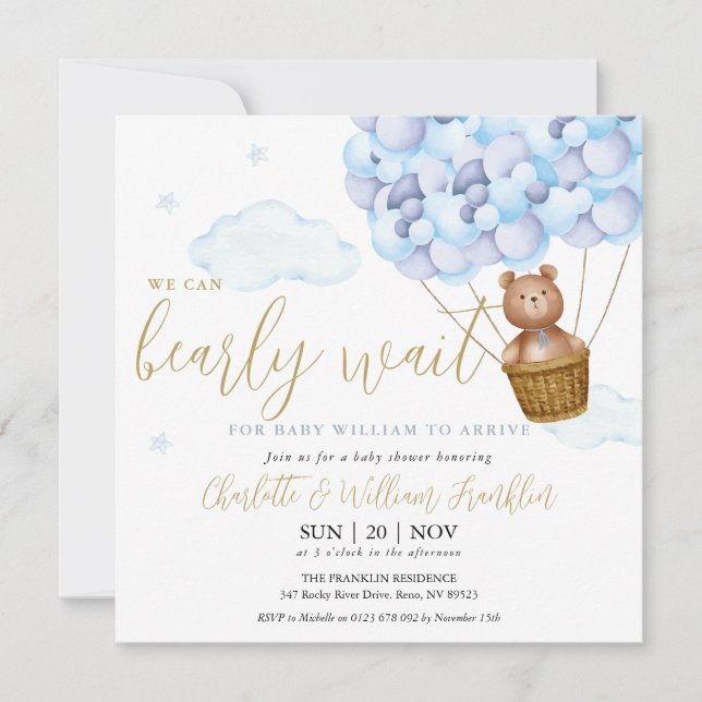 Blue We Can Bearly Wait Teddy Bear Boy Baby Shower Invitation (Front)