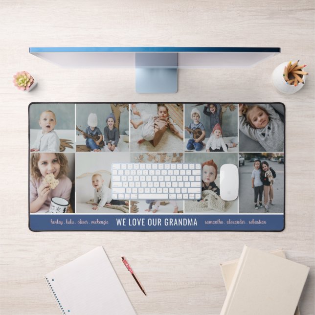 Blue We Love Grandma Photo Collage Grandkids Names Desk Mat (Office 1)