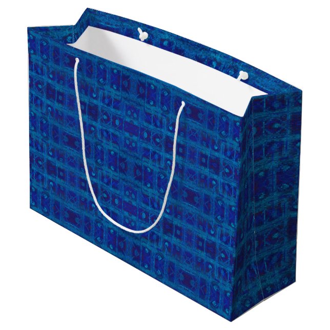 Blue weave, abstract geometric pattern, hand drawn large gift bag (Back Angled)