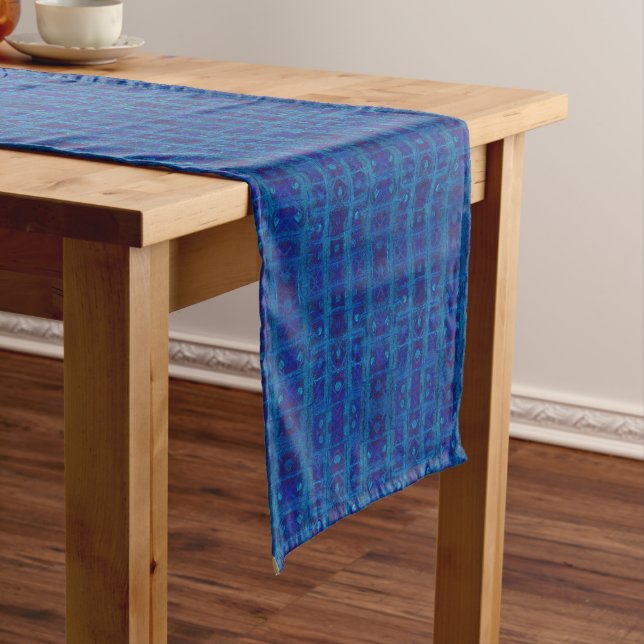 Blue weave, abstract geometric pattern, hand drawn short table runner (In Situ)