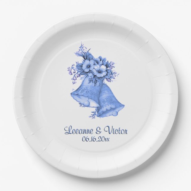Blue Wedding Bells Personalised Paper Plate (Front)