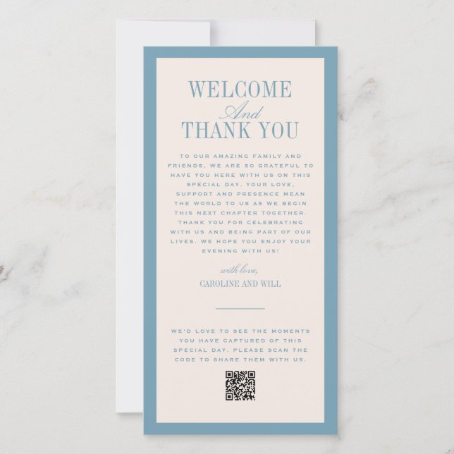 Blue Wedding Ceremony or Reception Welcome Thank You Card (Front)