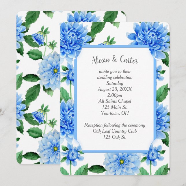 Blue Wedding Dahlia Watercolor Invitation (Front/Back)