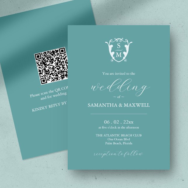 Blue Wedding Invitation with QR Code (QR code wedding invitation blue minimalistic custom monogram crest )
