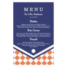 Blue Wedding Menu with Orange Chequered Pattern