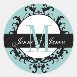 Blue Wedding Monogram Names Ornate Label
