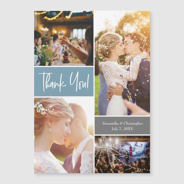 Blue Wedding Photo Collage Vertical thank you (Front)