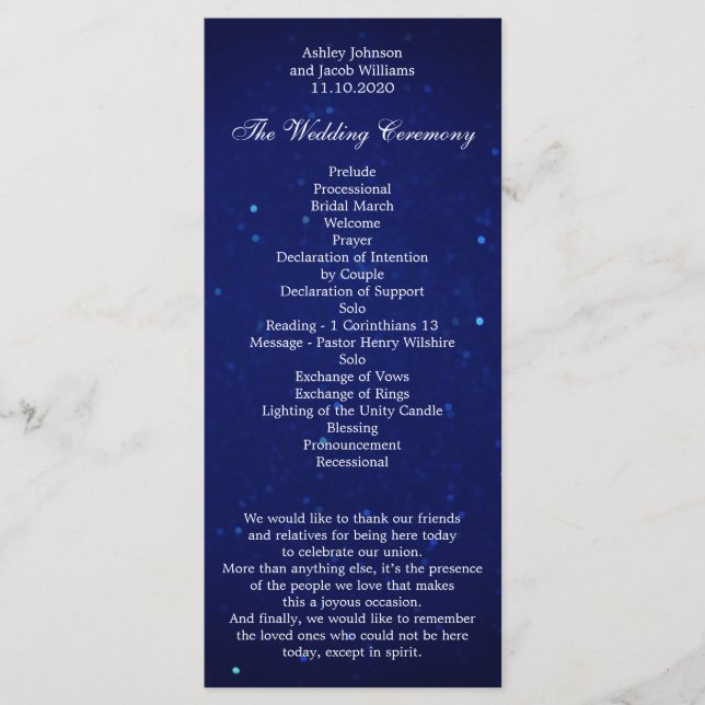 Blue wedding program. Navy night winter ceremony Programme (Front)