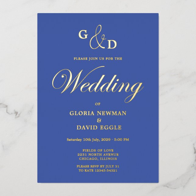 Blue   Wedding   Real Gold Foil Invitation (Front)