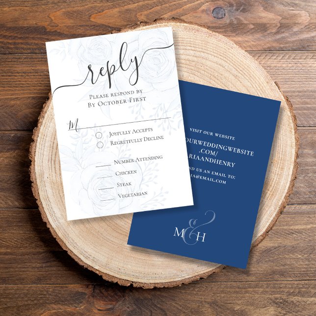 Blue Wedding RSVP Meal Choice QR Code Card (Classic RSVP vertical style card with elegant blue floral design and monogram back.)