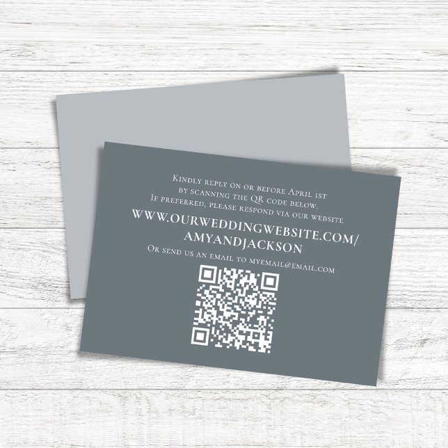 Blue Wedding RSVP Simple Response  (Simple blue-grey wedding RSVP card with a scannable QR code. )