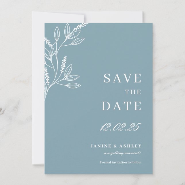 Blue wedding save the date botanical invitation (Front)