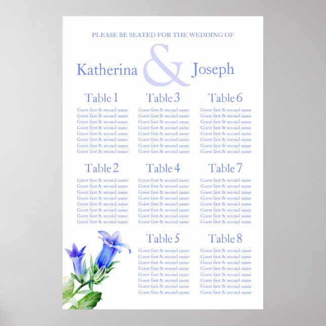 blue Wedding Seating Table Planner 1-8 Poster (Front)