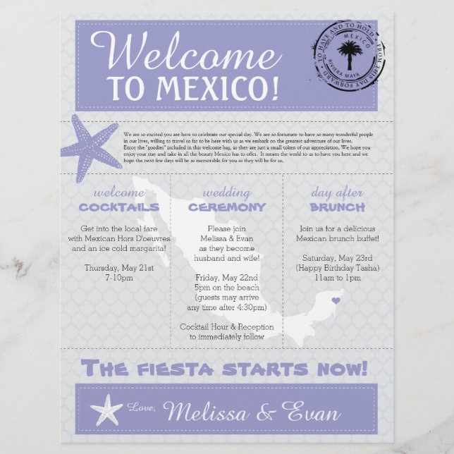 Blue Wedding Starfish Welcome Letter for Mexico (Front)