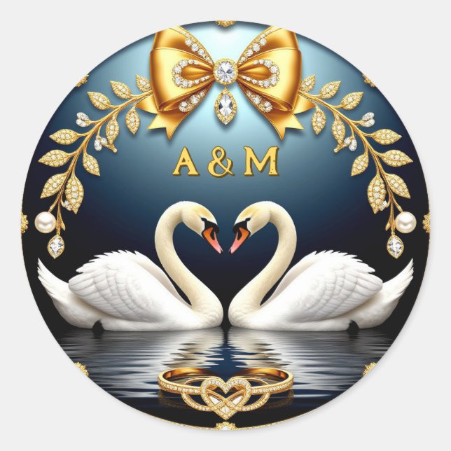 Blue Wedding Swans With Rings And Crest Theme Classic Round Sticker (Front)