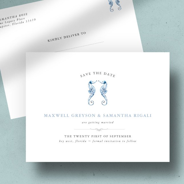Blue Wedding Watercolor Seahorse Save The Date Postcard (wedding invitations beach blue seahorses watercolor destination wedding)