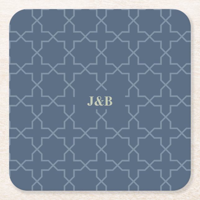 Blue Wedding with Latticework Pattern Square Paper Coaster (Front)