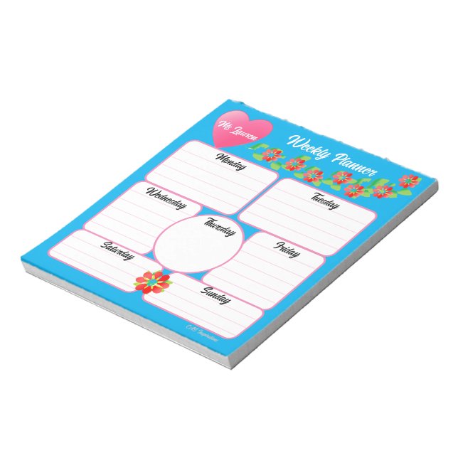 Blue Weekly Planner Flowers Arrangement Notepad  (Rotated)