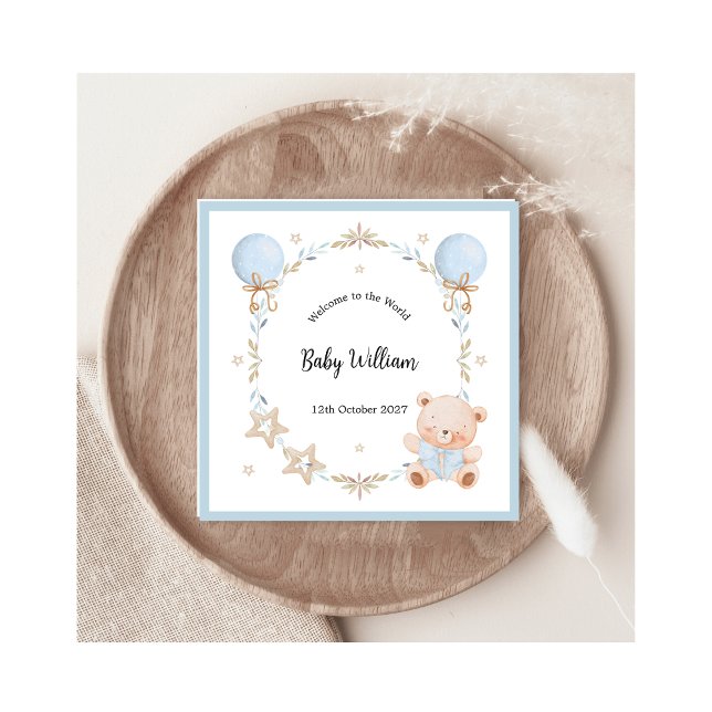 Blue Welcome Baby Boy Floral Frame Teddy Bear Card (Creator Uploaded)