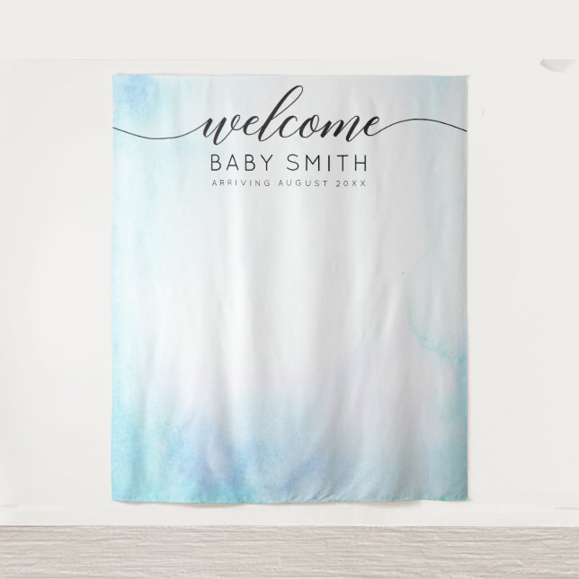 Blue Welcome Baby Shower Backdrop Tapestry (Front)