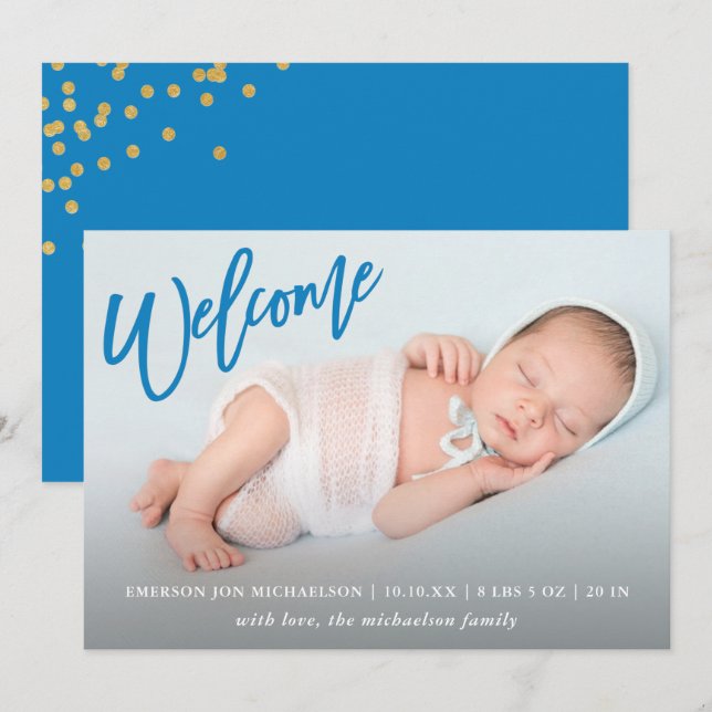Blue Welcome Faux Gold Confetti Baby Boy Birth Announcement (Front/Back)
