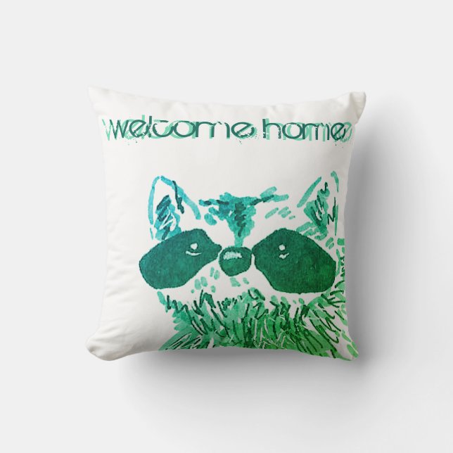 Blue Welcome Home Woodland Animal Racoon Cushion (Front)