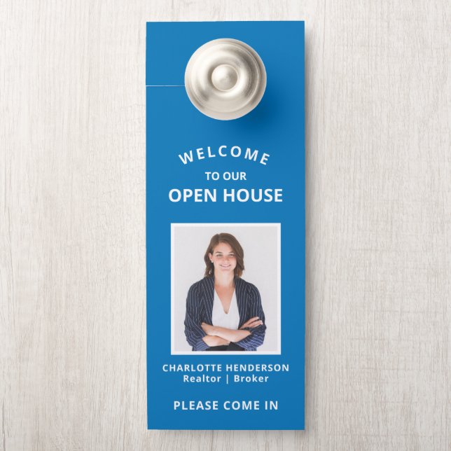 Blue Welcome Open House Real Estate Agent Photo Door Hanger (On Knob)