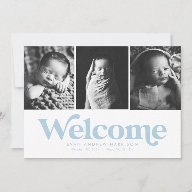 Blue welcome three photo birth announcement (Front)