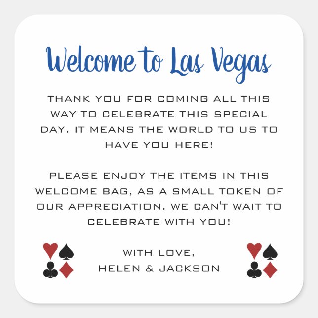 Blue Welcome to Las Vegas Wedding Welcome Basket Square Sticker (Front)