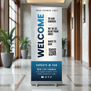 Blue Welcome To Our Church Sunday Service Retractable Banner