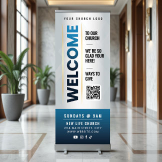 Blue Welcome To Our Church Sunday Service Retractable Banner