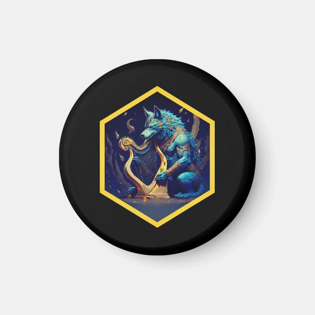 Blue Werewolf Paying A Golden Harp Magnet (Front)