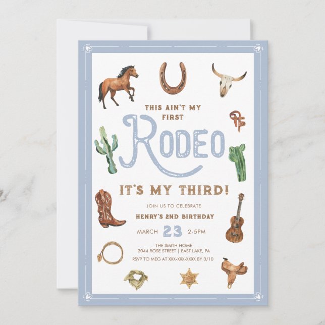 Blue Western 3rd Birthday Rodeo Invitation (Front)