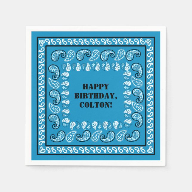 Blue Western Bandanna Print Birthday Party Napkin (Front)