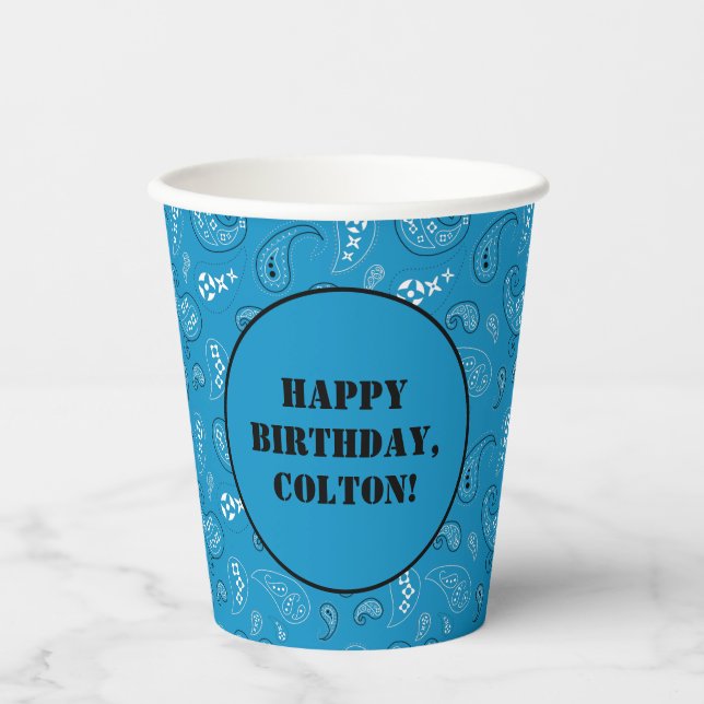 Blue Western Bandanna Print Birthday Party Paper Cups (Front)