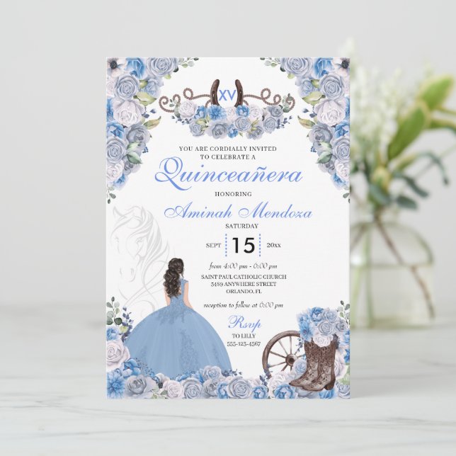 Blue Western Charra Floral Boots Quinceañera Invitation (Standing Front)
