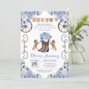 Blue Western Charra Floral Boots Quinceañera Invitation