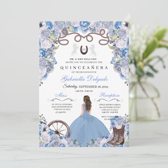 Blue Western Charra Girl Ranchero Quinceanera Invitation (Standing Front)