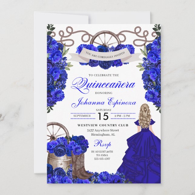 Blue Western Charra Ranchero Quinceanera Invitation (Front)