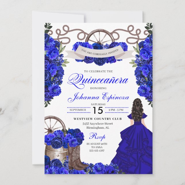 Blue Western Charra Ranchero Quinceanera Invitation (Front)
