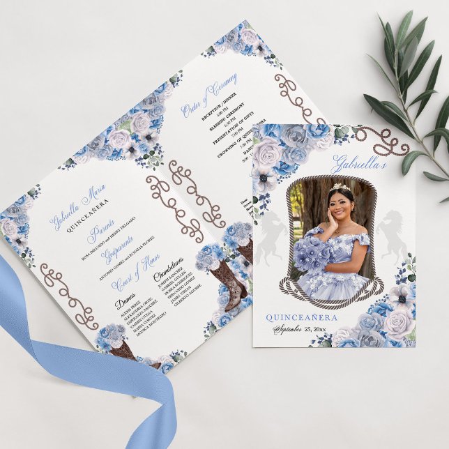 Blue Western Charro Quinceañera Program Invitation (Creator Uploaded)